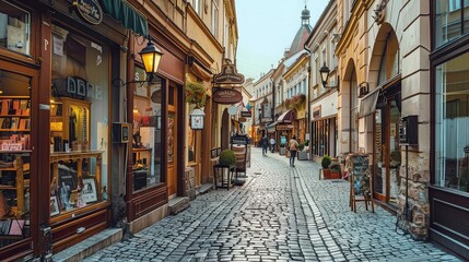 Fototapeta premium Charming Cobblestone Street with Boutique Shops