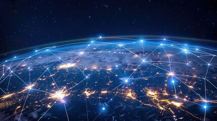 Wide-angle view of the Earth at night with glowing blue and white lines connecting cities across different countries, creating a seamless global network structure.