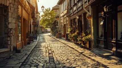 Fototapeta premium Quaint Cobblestone Street with Flower Shops