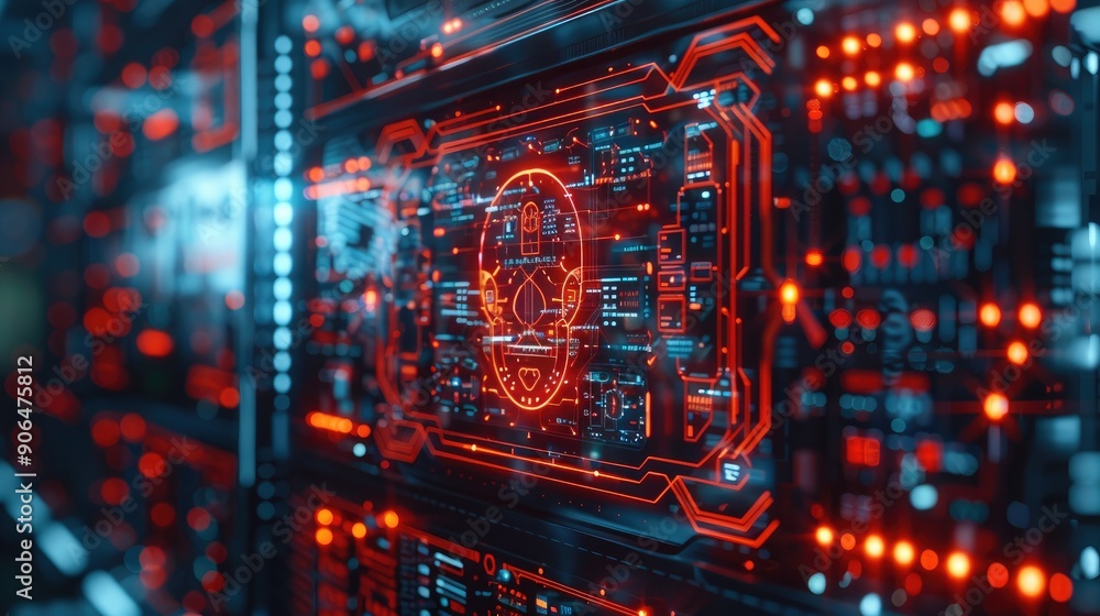 Poster a cybersecurity alert with a red warning sign and critical threat details on a digital screen blockc