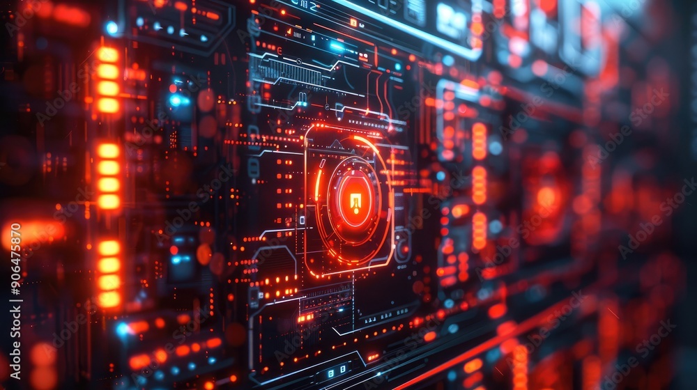 Poster A cybersecurity alert with a red warning sign and critical threat details on a digital screen Blockchain Technology Visualization on a Monitor. Generative AI.