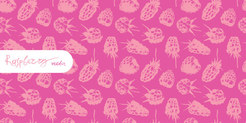Color raspberry pattern seamless, raspberries illustration, hand-drawn vector red berry for vegan banner, juice or jam label design. Ripe raspberry background for baby food packaging.
