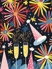 2D illustrated New Year card in a cute graphic style