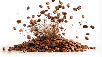 Naklejka premium Coffee Beans Splashing into a Pile with Ground Coffee Dust