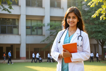 Indian Female Medical Student Standing Confidently at University Campus