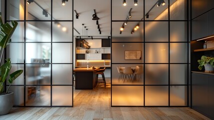 Black loft partition with frosted glass, sliding structure. what makes a minimalist design a close-up plan. Generative AI.