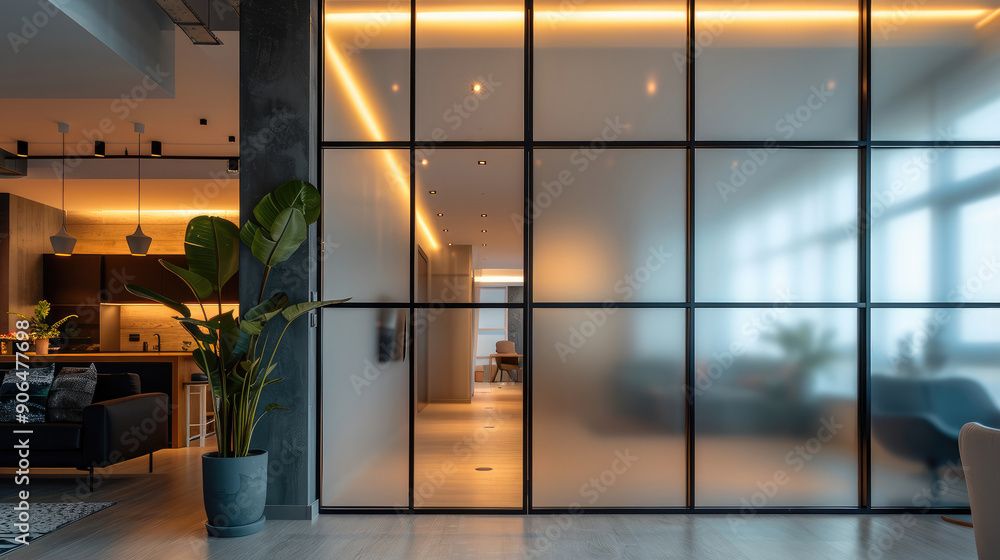 Poster black loft partition with frosted glass, sliding structure. what makes a minimalist design a close-u