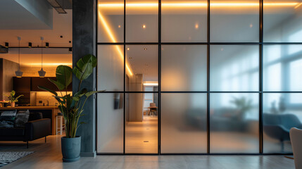 Black loft partition with frosted glass, sliding structure. what makes a minimalist design a close-up plan. Generative AI.