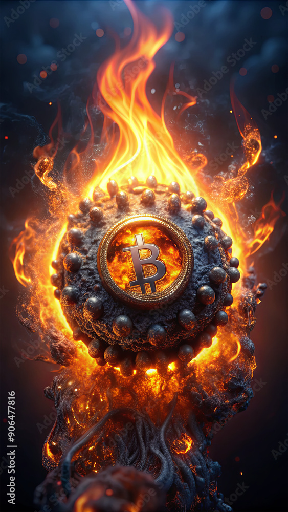 Poster a striking representation of a bitcoin symbol engulfed in vibrant flames, creating an intense visual