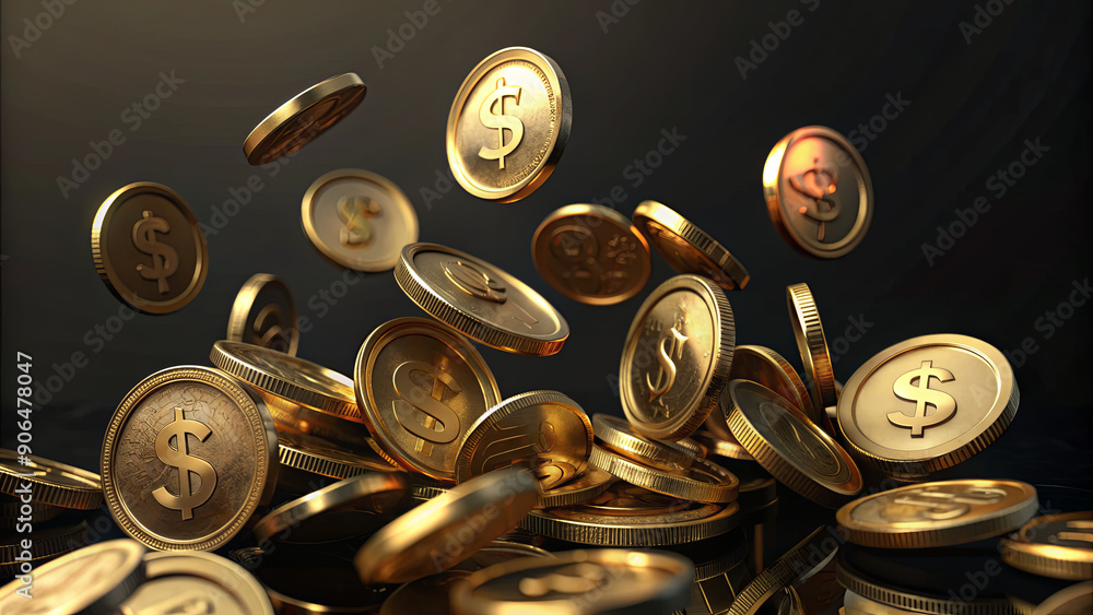 Poster a collection of golden coins featuring dollar signs is cascading through the air, creating a mesmeri