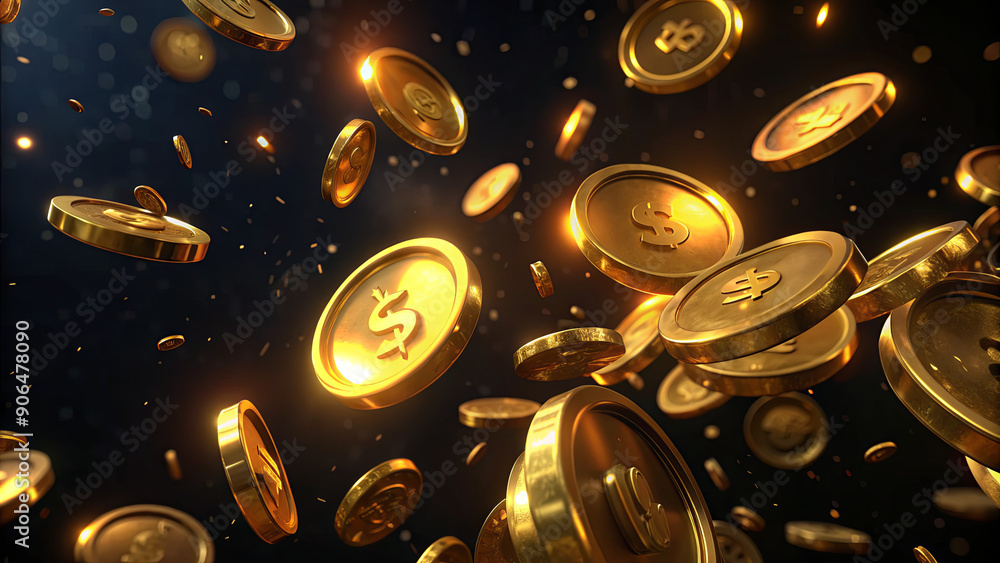Poster a multitude of shimmering golden coins is seen cascading through the air, creating a vibrant spectac