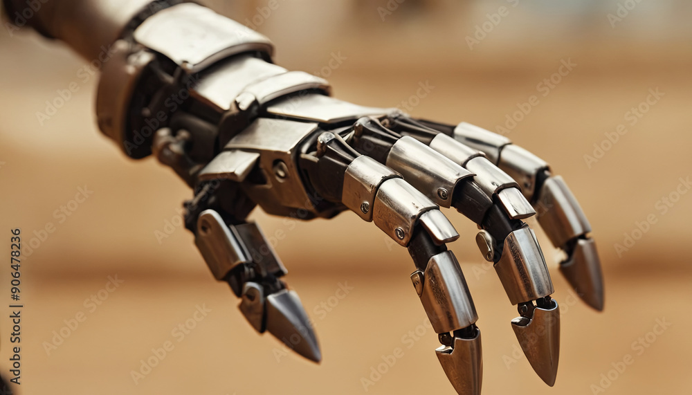 Poster a close-up view of an intricately designed robotic hand showcases metallic fingers with sharp points