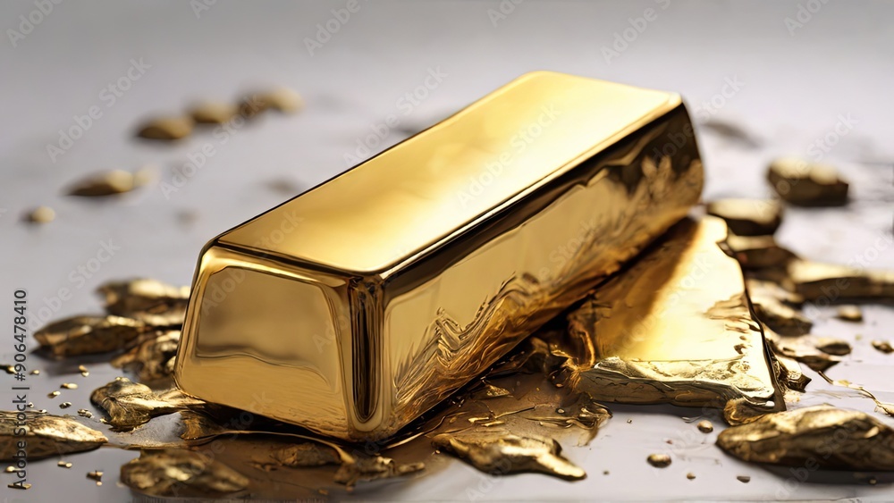Poster a gleaming gold bar is positioned elegantly atop a base of melted gold flakes, reflecting light and 