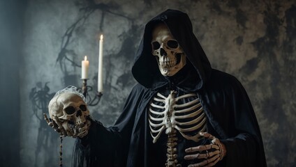 man in a skeleton costume with a skull in his hand