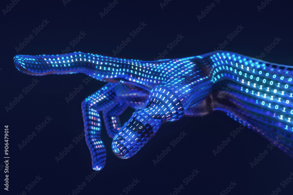 Poster glowing digital hand with binary details pointing