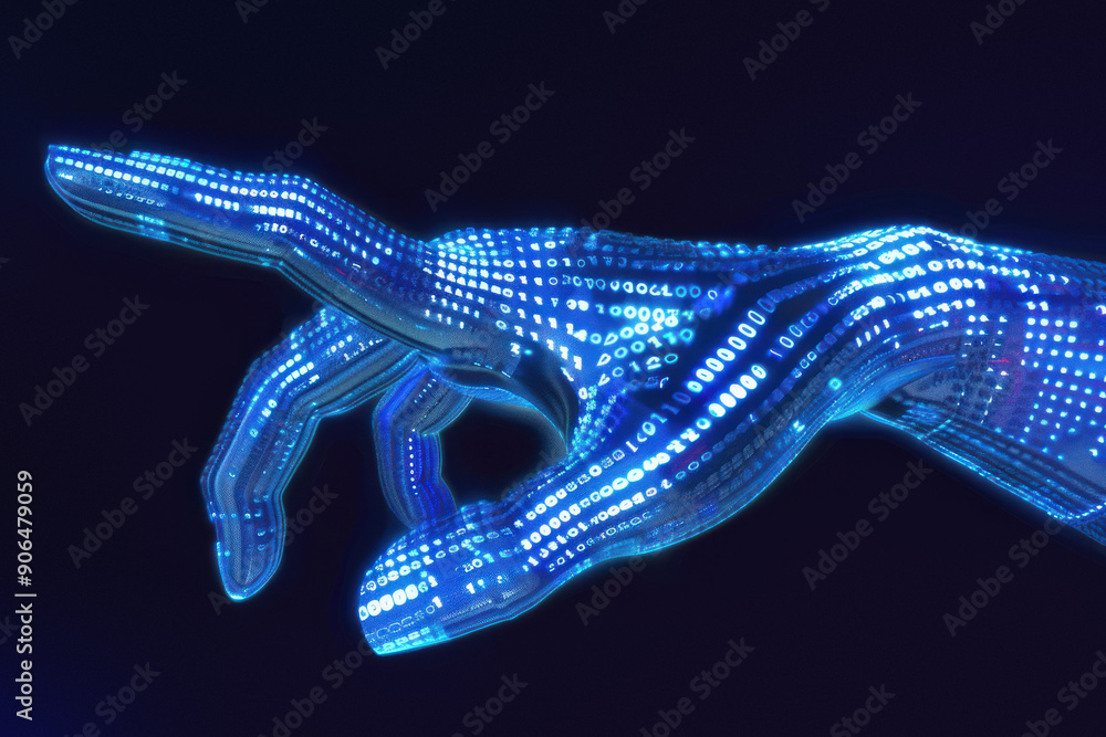 Poster futuristic hand with data flowing in the virtual space