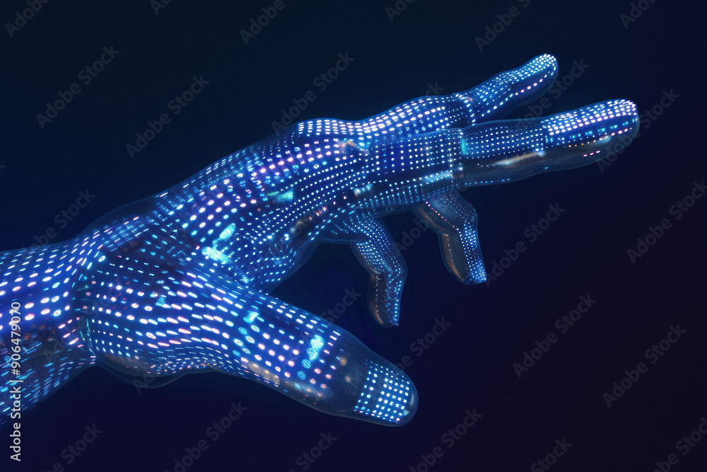 Poster digital hand represented through binary code, blue light