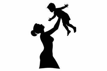 Mom lifting Child black Silhouette Vector, Mother and daughter Silhouette Clip art

