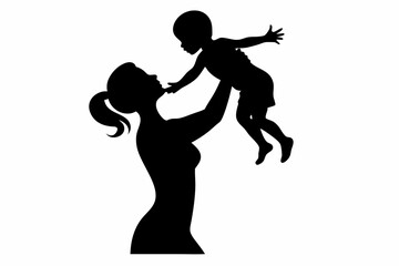 Mom lifting Child black Silhouette Vector, Mother and daughter Silhouette Clip art

