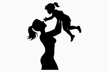 Mom lifting Child black Silhouette Vector, Mother and daughter Silhouette Clip art

