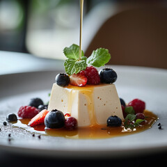 tofu dessert with berries and syrup