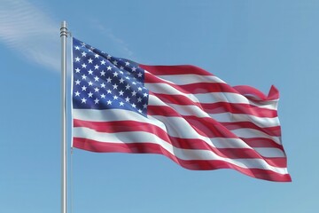 Obraz premium Photo realistic American flag waving, clear blue sky, crisp details, vibrant colors, gentle breeze, patriotism, national pride, flagpole in the background