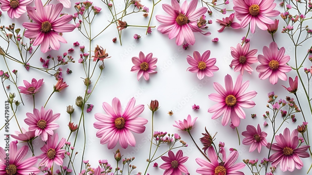 Aufkleber small pink daisies scattered throughout the image on a white background. generative ai.