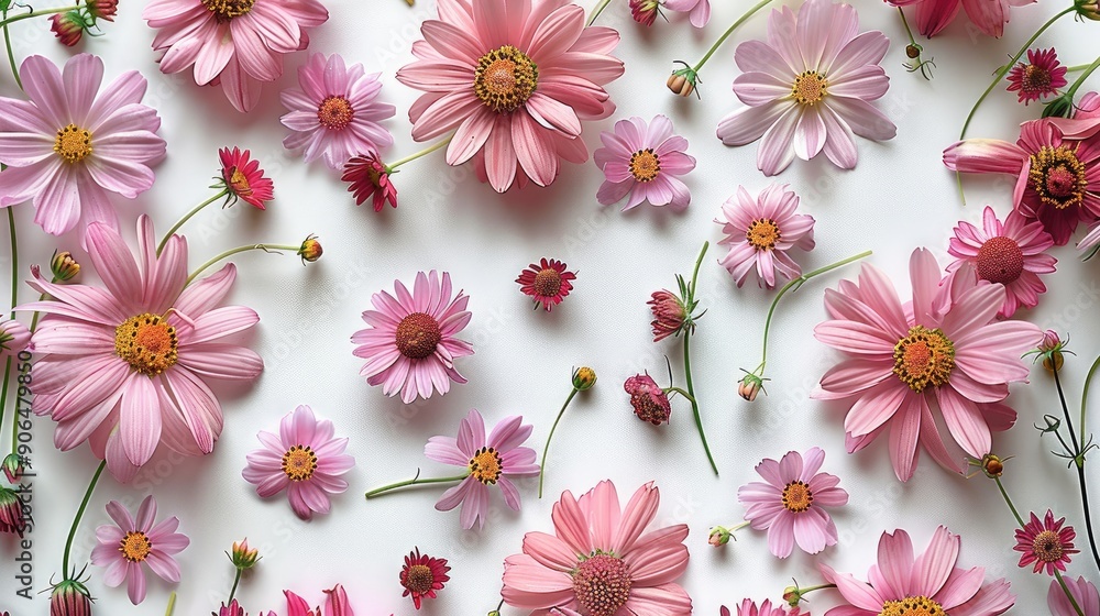 Aufkleber small pink daisies scattered throughout the image on a white background. generative ai.