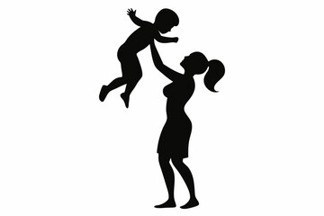 Mom lifting Child black Silhouette Vector, Mother and daughter Silhouette Clip art

