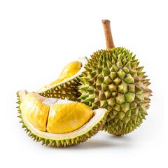 Fototapeta premium Medium shot of whole Durian near the sliced piece of Durian, isolated on a white background 