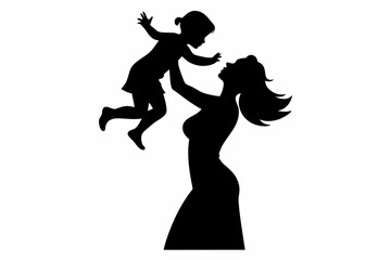 Mom lifting Child black Silhouette Vector, Mother and daughter Silhouette Clip art

