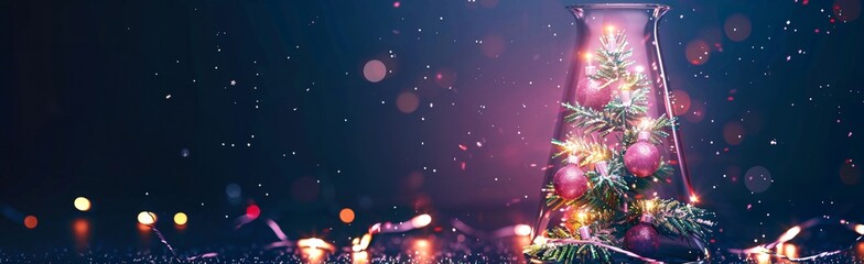 Christmas tree with glowing lights inside a glass jar creating a magical atmosphere for christmas holidays and new year celebrations. Christmas background or New Year's backdrop, holiday banner with c