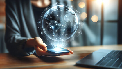 Businessman holding a smartphone with a holographic globe floating above it.