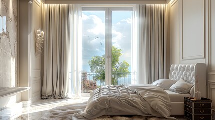 Luxury bedroom, A large window with thick curtains hanging from it. Generative AI.