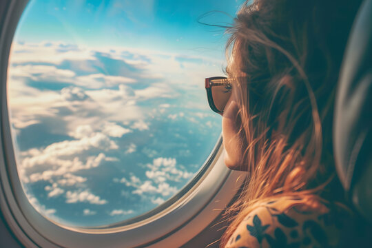 Mujer con gafas de sol mirando atravesada de la ventana de un avi&oacute;n. Generado con IA.