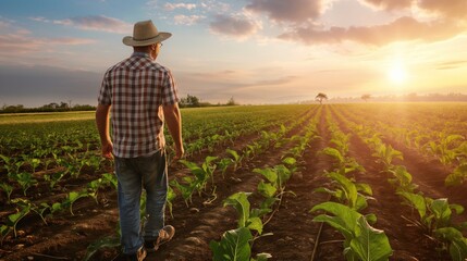 Fototapeta premium A farmer in a plaid shirt and hat walks through rows of crops as the sun sets in the distance