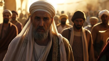 Obraz premium A gathering of several men in traditional dress strolls through a vibrant marketplace, with warm hues of sunset illuminating the surroundings