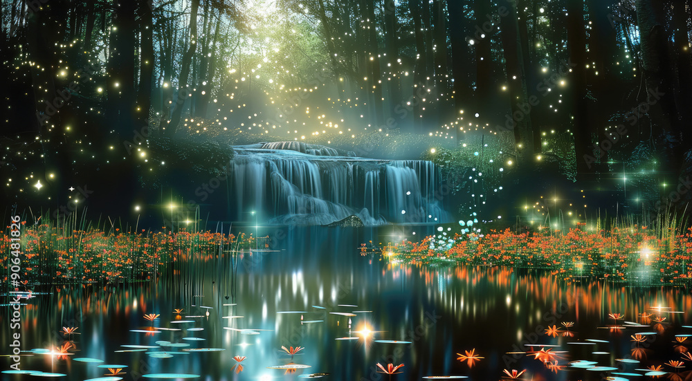 Poster night, stream of fresh water over cascade waterfall, underwater glowing colorful meadow inside deep 