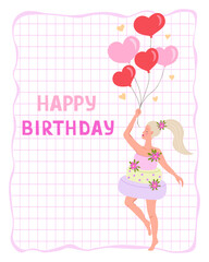 Happy birthday card, woman with balloons. Vector Illustration for printing, backgrounds, covers and packaging. Image can be used for greeting cards, posters and stickers. Isolated on white background.