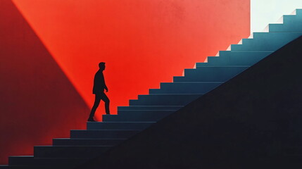shiluette of a person walking down stairs in minimalist abstract concept
