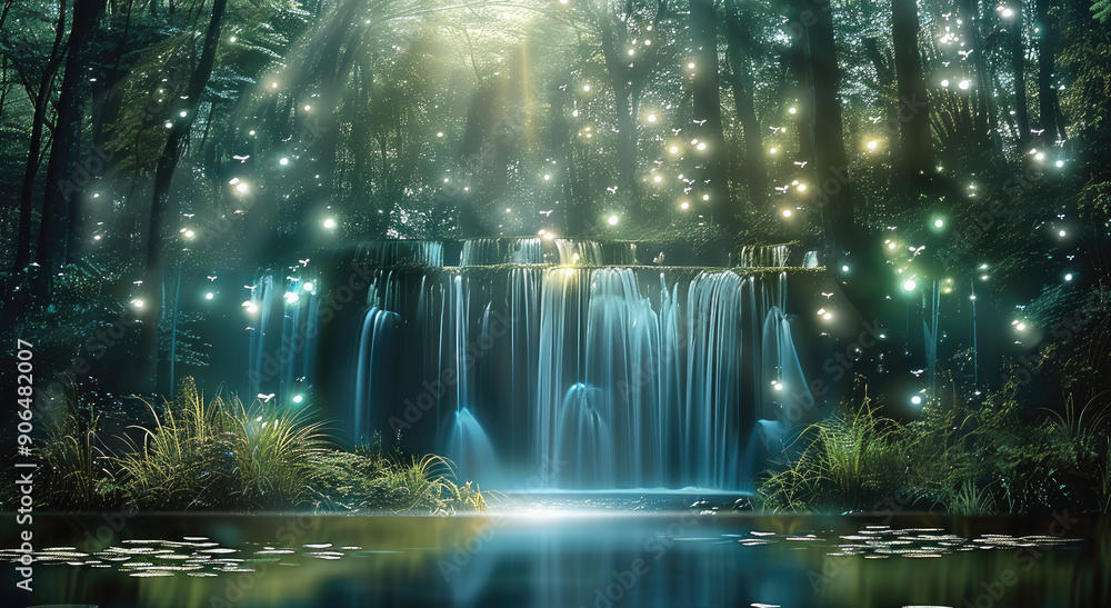 Poster night, stream of fresh water over cascade waterfall, underwater glowing colorful meadow inside deep 