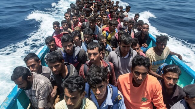 Group of migrants being transported on a crowded boat, highlighting the perilous journeys undertaken to escape danger