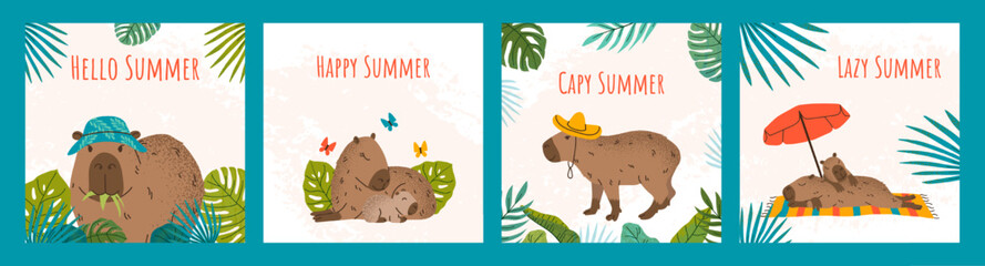 Collection 4 cute summer cards with capybaras, tropic leaves and typography. Grunge texture and grainy effects. Hand drawn design in trendy style. Funny animals. For poster, cover, background.