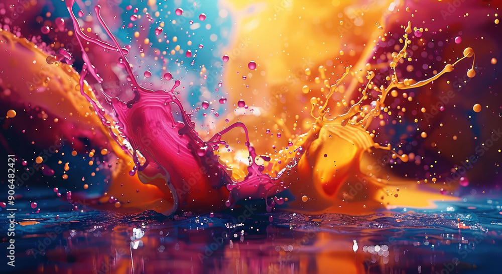 Leinwandbilder Energetic paint explosion with vibrant splashes and drops, forming a dynamic abstract background in 3D. Generative AI.