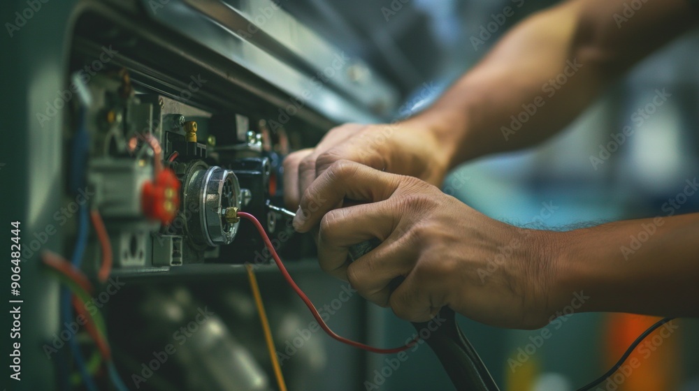 Poster close-up of hands using tools to fix a broken dishwasher, focusing on the complex wiring and plumbin