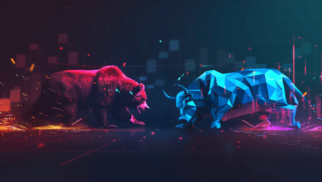 Red bear Blue bull facing off stock market charts background Stock Market Clash Concept