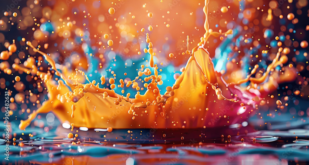 Poster Energetic paint explosion with vibrant splashes and drops, forming a dynamic abstract background in 3D. Generative AI.