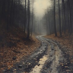 Naklejka premium The road through the park at night in the rain. Generative AI