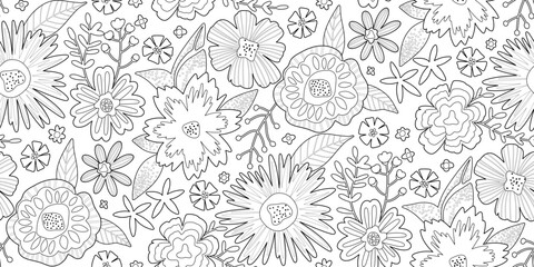 Half Drop Floral Seamless Pattern of Flowers and Leaves in Line Art style, Black Outline on White. Great for Coloring Pages, Wallpaper Design for Textiles, Papers, Prints, Beauty Products.