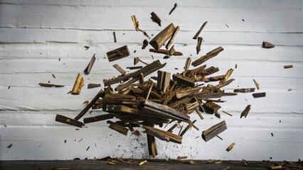 A Burst of Wooden Splinters Against a White Wall